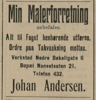 Annonse for Johan Andersens malerforretning i Jarlsberg og Larviks Amtstidende 3. mars 1913.