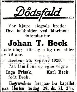 Johan Tyrholm Beck dødsannonse 1923.jpg