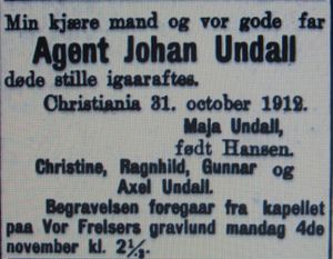 Johan Undall dødsannonse Aftenposten 1912.JPG