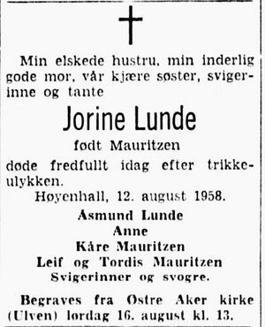 Jorine Lunde dødsannonse Aftenposten 1958.jpg