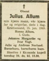 Julius Allums dødsannonse, Fædrelandsvennen 18. januar 1949.