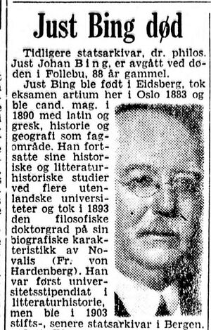 Just Johan Bing nekrolog Aftenposten 1954.JPG