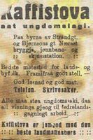 Annonse for Kaffistova (1914), som da holdt til på hjørnet Strandgata/Bjørnsons gate.