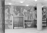 Kai Fjells utsmykning av første etasje i Høyblokka, i samarbeid med Carl Nesjar. Foto: Teigens/DEXTRA/Norsk Teknisk Museum