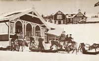 Kanefart med rein ved Fjeldsæter Turisthotel i Bymarka (Trondheim). Postkort, ukjent fotograf, kring 1905.