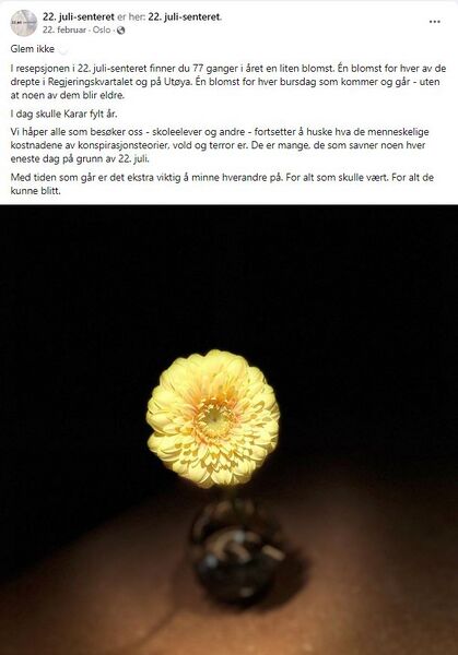 22. juli-senterets bursdagsblomst til Karar Mustafa Qasim 22 februar 2023. Foto: Skjermdump 22. juli-senterets Facebookside