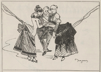 Karikaturtegning med overskrift "De to Telefonkompagniers lykkelige Sammensmeltning". Vikingen 1885.