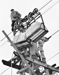 Karl Dahl, Egge kommunes mangeårige ordfører, i arbeid på Helge-Rein-By Brug sin taubane Byafossen - Eggebogen. Her har to korger lastet med tremasseballer kollidert i en av bukkene på Nordsileira Foto: Martin Knoph/Egge Historielag (ca. 1950).