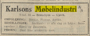 Karlsons Møbelindustri A-S Annonse fra 1933.png