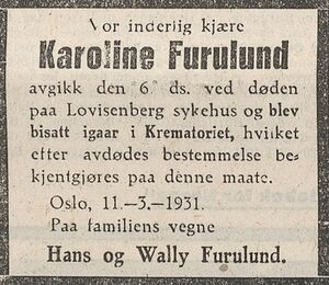 Karoline Furulund dødsannonse 1931.jpg