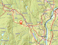 Kart som viser beliggenheten av plassen på Vestby i Bingen, omtrent 5,5 kilometer nordvest for Skotselv