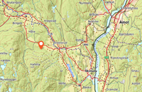 Kart som viser beliggenheten av plassen omtrent 5,5 kilometer nordvest for Skotselv