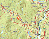 Kart som viser beliggenheten av plassen 5-6 kilometer nordvest for Skotselv