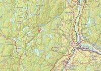 Kart som viser beliggenheten av Gorudvollen, omtrent 8 km nordvest for Hokksund og 2,2 km vest for grensa mot Flesberg.