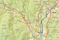 Kart som viser beliggenheten av plassen omtrent 5 kilometer nord for Skotselv