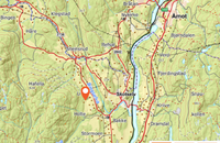 Kart som viser beliggenheten av plassen omtrent 2 kilometer vest for Skotselv