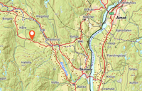 Kart som viser beliggenheten i Bingen cirka 5 kilometer nordvest for Skotselv