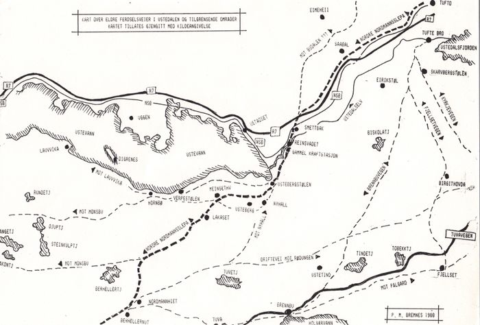 Kart over ferdselsvegar og stølar på sørsida av Ustevatnet, lokalt kalla "vestsida". Teikna av Per Rønneberg Bremnes, 1988.