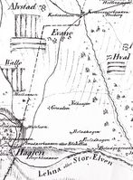Utsnitt av kart fra 1819. Evangsgutua går fra Kremmerbakken til Evangsgardene og videre sørover til Håjen og Lenaelva.