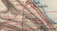Fruset-området på et kart fra 1879. «Engen» ligger sørvest for Fruset-gardene.