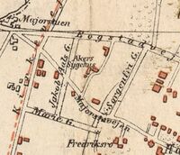 Utsnitt som viser plasseringen av Neubergløkken som huset Aker Sygehus i årene 1971 til det flyttet til Tonsen i 1895. Kart: Johs. Solem/Nasjonalbiblioteket (1881)