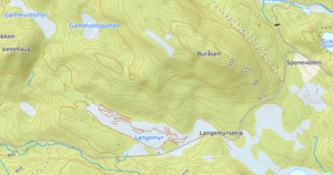 Kartutsnitt fra 2021. Langemyrseter er feil plassert. Sønstebysetrene lå midt på Langemyr, på nordsida og sydsida. Vi ser Gamlevollmyra og Gamlevollpytten. Gamlevollen kalles det der den første Sønstebyseter lå på Buråsen.