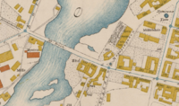 Utsnitt fra amtskart for Buskerud 1884 viser parkanlegget på Magasintomten i Kongsberg. Kilde: Statens kartverk.