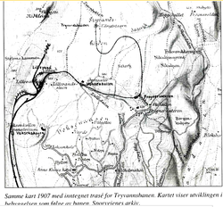 Kart over Frognerseteren og Tryvannsbanen 1907. Sporveienes arkiv