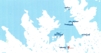 Kart over Galtefjorden inntegnet hvor bl.a Arna Haga gjemte seg under krigen på (Inner-)Skjæran, i tillegg Ytter-Skjæran/Rotvika, "Arthurelva" i Børfjord, Dønnesfjord og Galten.