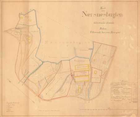 KART OVER NÆRSNESBUKTA 1919. Kart over bygninger, veier og områder for isstablene innerst i Nærsnesbukta i 1919. Isrennene inn til isstablene er også inntegnet og viser at det da var isrenne rett fra Nydammene inn i isstabelen på Flatstranda. Kartet viser ikke lenger isstabler på Bryggebakken og på Mellomstranda. På Nærsnesstranden er Teglverkets ovner og tørkehus tegnet inn. Fire tømrede steinkar for landfeste av skip er også tegnet inn. Tre innerst i bukta ved isstablene og et ute på Odden.(Kart tegnet av Peder Aas for brødrene Baarsrud)