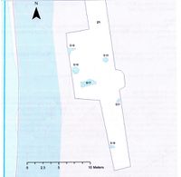 Figur 29 frå registreringsrapporten. Denne viser jordet til Erling Eikeland lengst i sør, mot Lislåna. På kanten mot elva blei det funne spor etter tre jernvinner (S17, S18 og S 19). S15 og S21 er spor etter kokegroper.