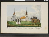 Søsterkirkene slik de opprinnelig kan ha sett ut, tegnet av Peter Andreas Brandt omkring 1830.