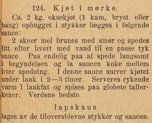 Kjøtt i mørke oppskrift 1914.jpg