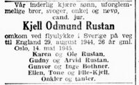 Dødsannonse for Kjell Odmund Rustan i Aftenposten 15. mai 1945