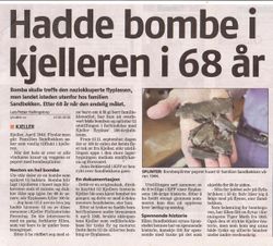 Fra Romerikes Blad 2. august 2012. Kjeller bomben lå hos Sandbekken i Brøterbakken siden de fant den i hagen etter bombeangrepet i 1944.
