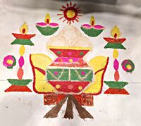 Kolam foran velkomstbordet ved thai pongal-feiringen på Idrettshøgskolen i Oslo 14. januar 2023. Foto: Marianne Wiig.