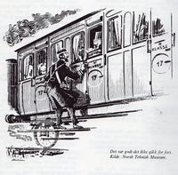 Konduktørene på karettoget måtte i all slags vær ta inn billetten fra stigtrinnet.