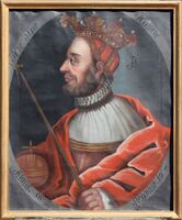 Kong Frederik I i Moland kyrkje:"Nil Sine Numine". (Ingenting anna enn Guddommen). Ordet for "regjeringsår" (Regnauit: X) har her feilaktig blitt oppfatta som starten på valspråket, og dermed fått plassen øvst til venstre for kongens hovud. Det eigentlege valspråket startar oppe på høgre side og fortset nede til høgre. Foto: Anders Kvåle Rue 2010.