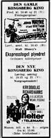 Faksimile fra Laagendalsposten 10. desember 1965: annonse for Kongsberg kino, i overgangshelgen mellom gammel og ny kino, med forestillinger begge steder.