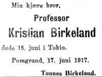 Faksimile fra Aftenposten 20. juni 1917: dødsannonse for Kristian Birkeland