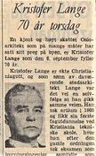 Faksimile fra Morgenbladet 5. september 1956: utsnitt av omtale av Kristofer Lange i anledning hans 70-årsdag.