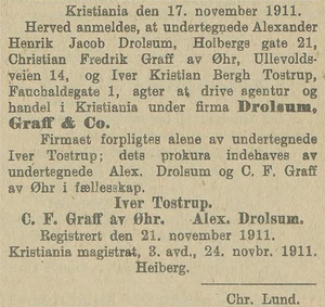 Kundgjørelsestidende 1911-NOV-27 Drolsum, Graff & Co.png