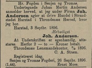 Kunngjøring fra Fogden i Senjen og Tromsø i Norsk Kundgjørelsestidende 09.10.1896.jpg