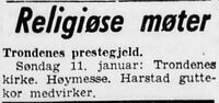 Harstad Folkeskoles guttekor medvirket i gudstjenesten i Trondenes kirke 11. januar 1959.