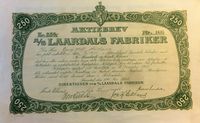 Aksjebrev for Lårdal Fabrikker, datert 1. mai 1918. Brevet tilhøyrde Georg Hoff frå Kristiania. Foto: Per Ormestøyl (2017).