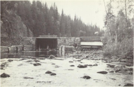 Den gamle demingen, omtrent midt i vannet, idag neddemmet. Foto: Krokskogen i gamle dager