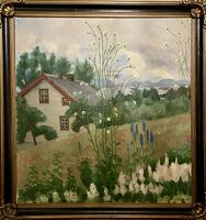 Maleri av Hermod Riise (1888-1953). Vi ser hovedhuset på Larsgarden på Stavset med Ellingsøyfjorden i bakgrunnen. Ukjent når det er malt, men antakelig mellom 1920 og 1940. Foto: Liv Ingeborg Støren.