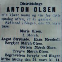 Anton Olsens dødsannonse i Aftenposten 21. mars 1928. Foto: Stig Rune Pedersen