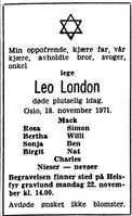 Dødsannonse, Leo London, Aftenposten 22. november 1971.