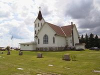 Lesja Lutheran Church i Bottineau Co., Nord-Dakota ved hundreårs-jubileumsfeiringa i 1999. Foto: Odd Sigmund Brøste (1999).